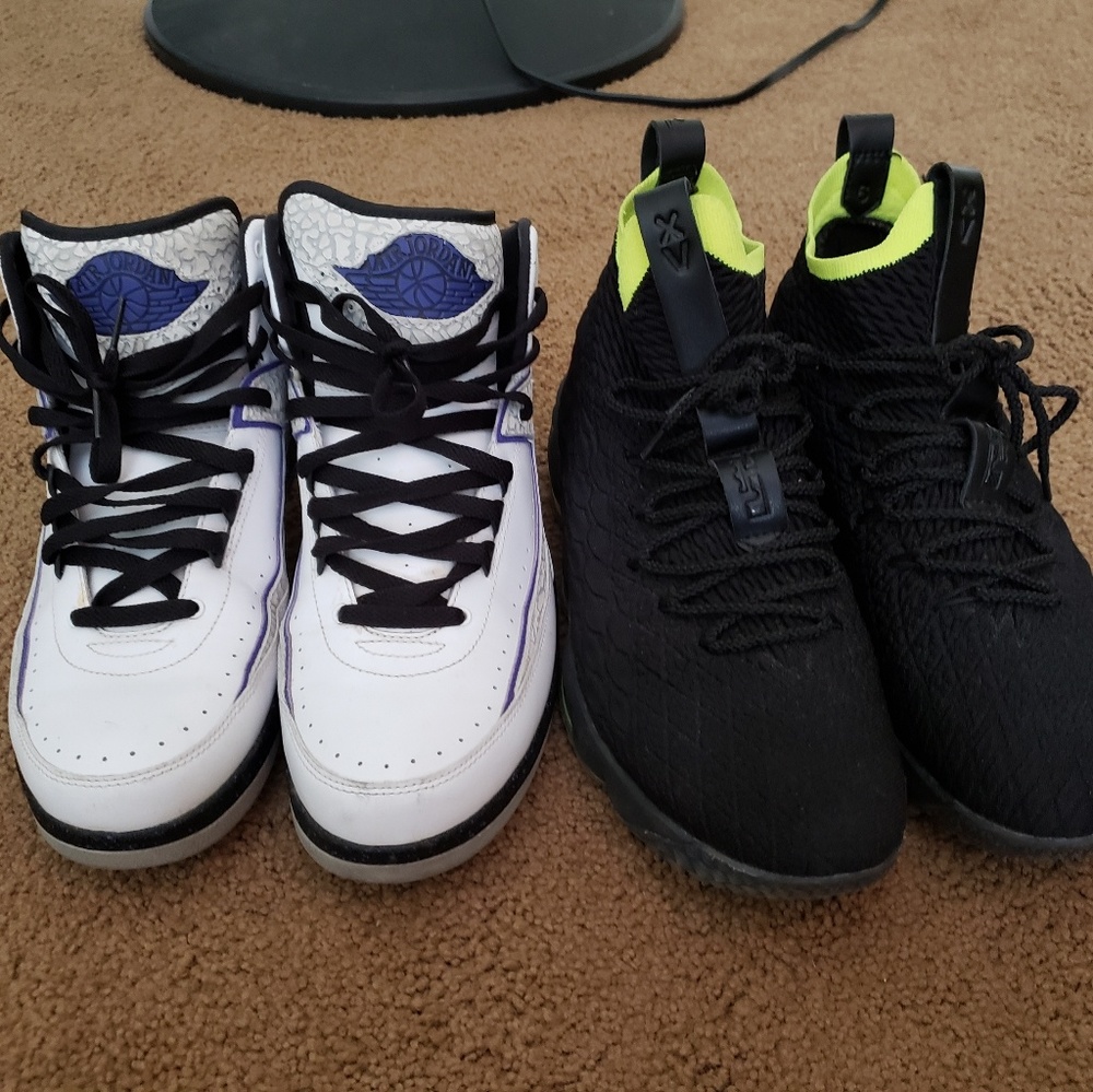 Men's pair of Jordan size 10.5 and Lebrons sz11